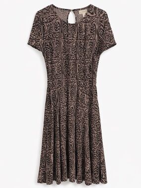 LOFT Dress Small Fit Flare Short Sleeve Brown Print Knee Length